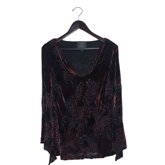 Carmen Marc Valvo Tops - Carmen Marc Valvo Size 2x Bell Sleeve Cowl Neck Paisley Velvet Top Blouse Gothic